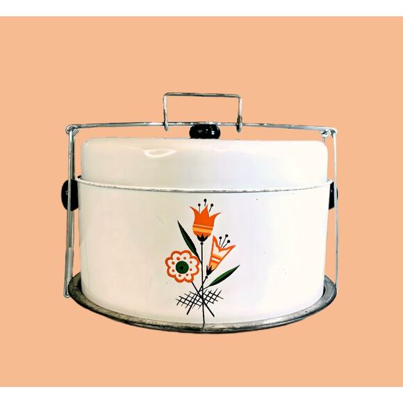 Unknown Other - Vintage MCM Deco Floral Metal Cake Carrier